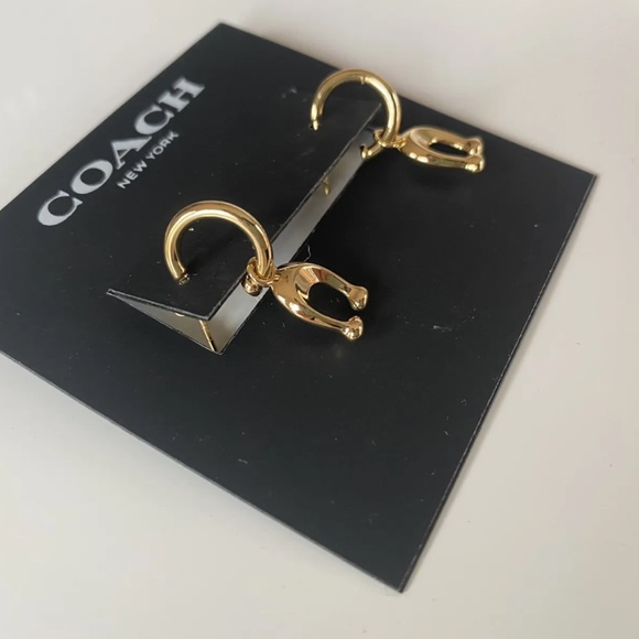 NWT COACH Gift Boxed Hanging C Charm Huggie Earrings Gold - Picture 6 of 6